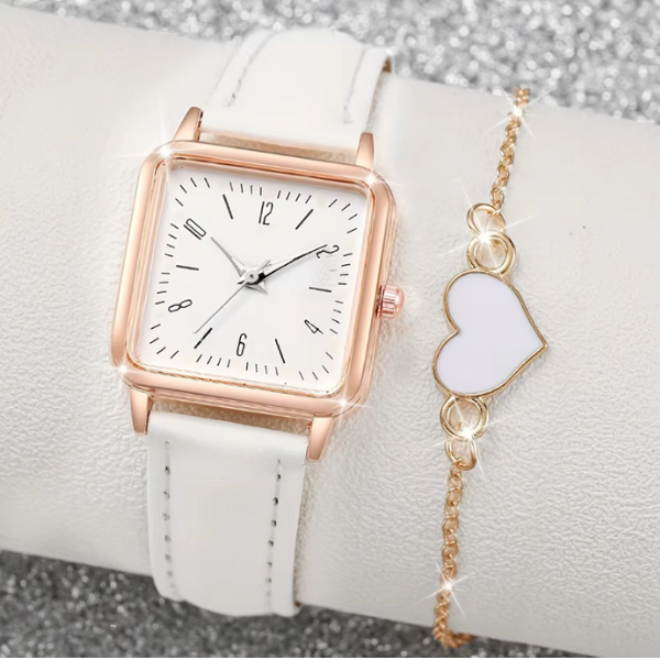 Women's Quartz Watch Leather Strap + Bracelet Gift