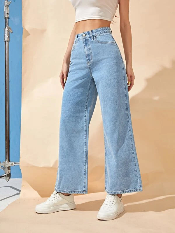 Ice Blue Wide Leg High Waist Denim Jeans for Women | Trendy Pants