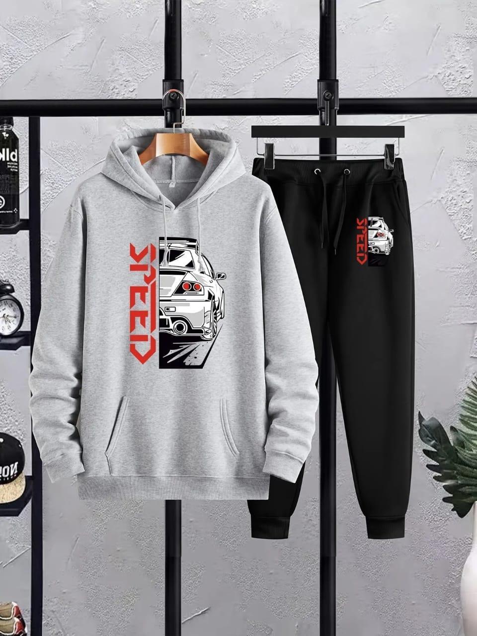 Printed Fleece Hoodie Tracksuit Grey in 2Designs