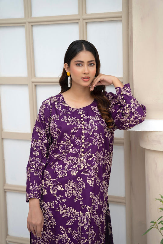 Flower Printed Suit Pcs Stitched Suit Stone Winter Linen Suit Winter Collection (purple)