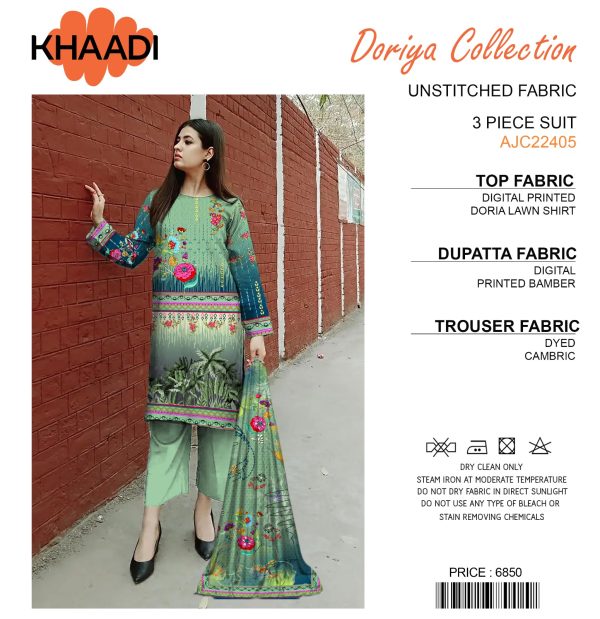 Khaadi Doriya Collection - 3-Piece Unstitched Lawn Fabric for Casual Wear